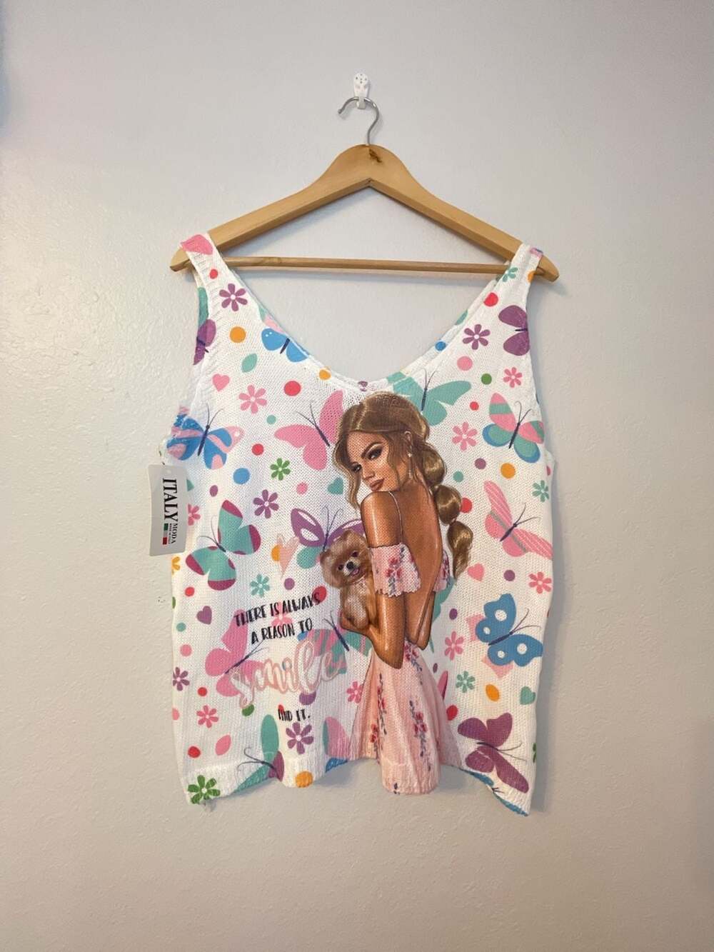 Italy Moda Graphic Tank Top V-Neck Butterfly Dog Smile Knit Sleeveless Shirt